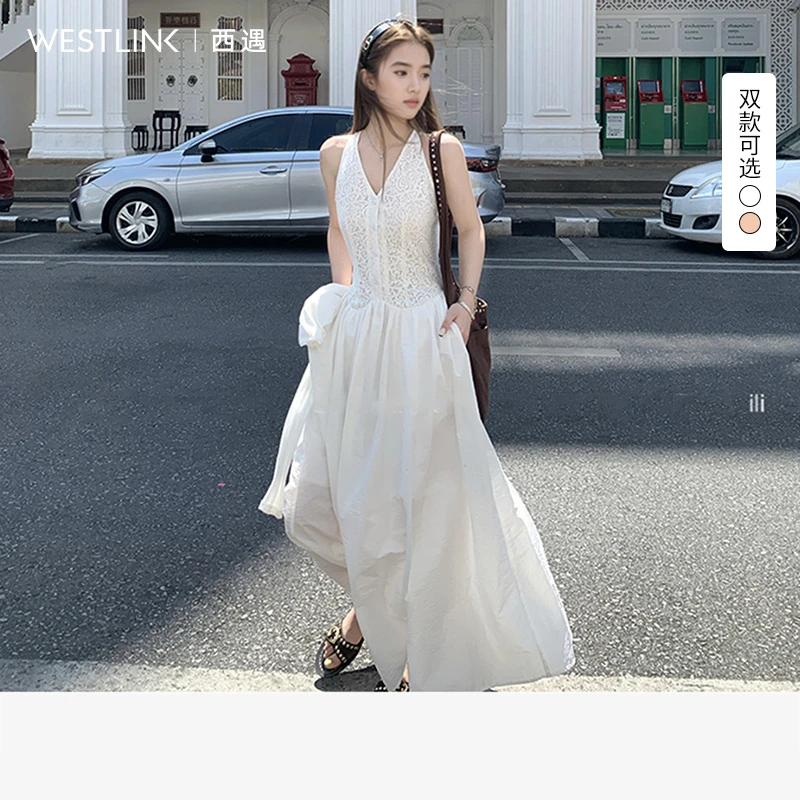 西遇法式拼接连衣裙女2025年夏季新款度假风v领收腰挂脖背心长裙