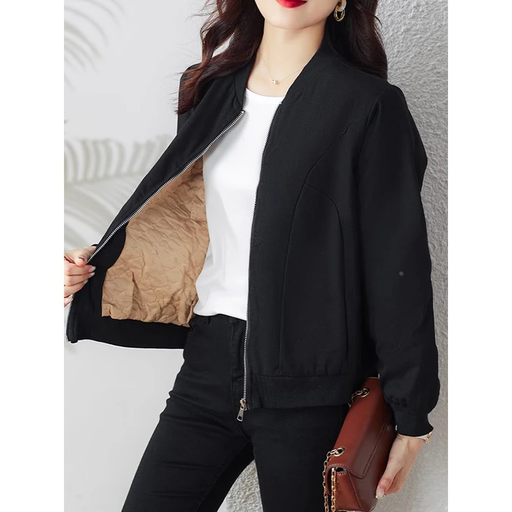 黑色绗缝加厚棒球制服女式秋冬季短外套2025流行宽松休闲立领夹克