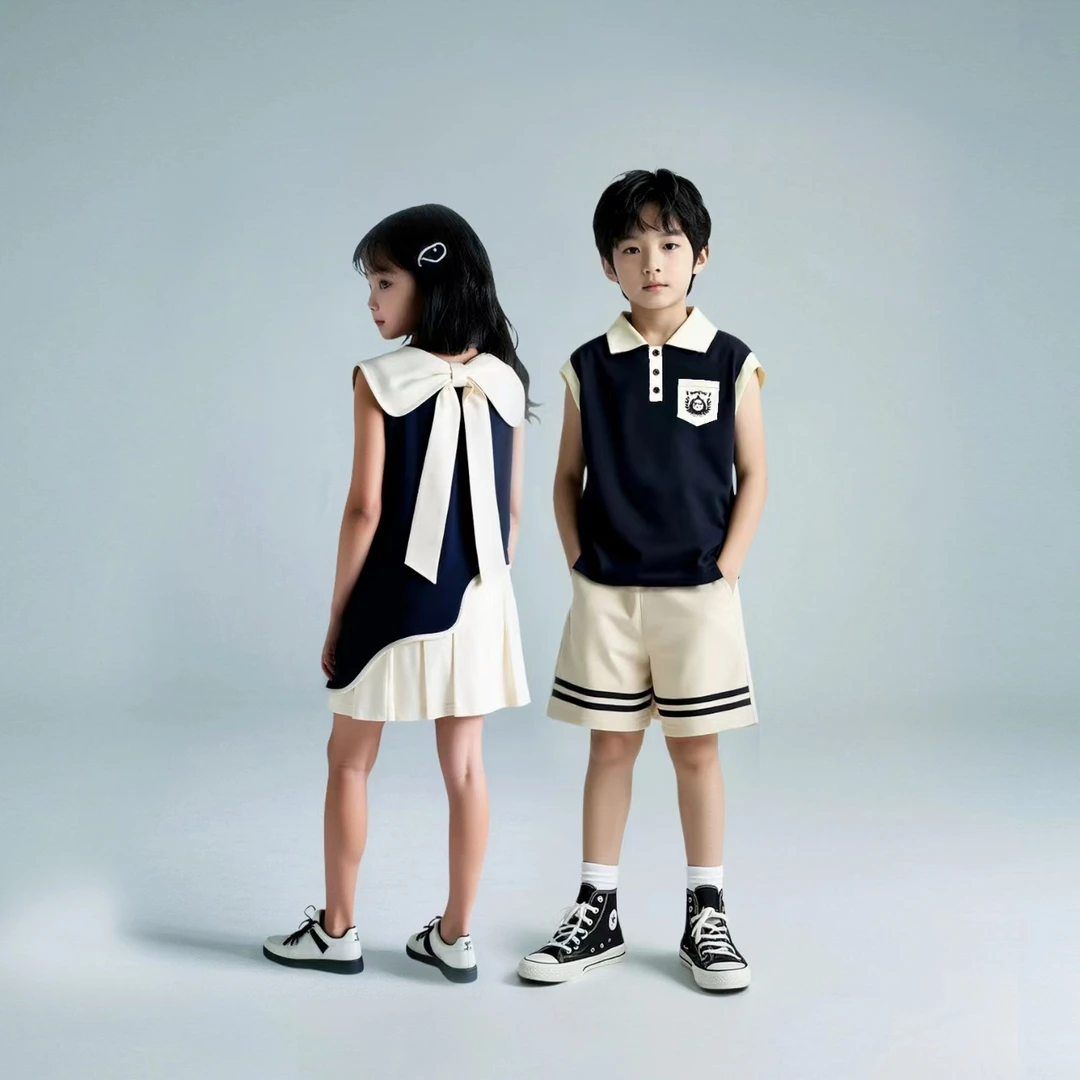 2025男童女童夏季翻领背心套装儿童韩版洋气无袖版连衣裙D2S5-808