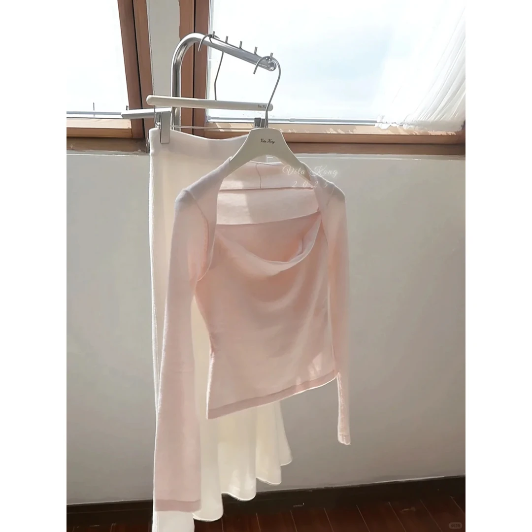 法式方领长袖t恤女秋冬内搭打底衫露锁骨荡领上衣半身裙包臀长裙