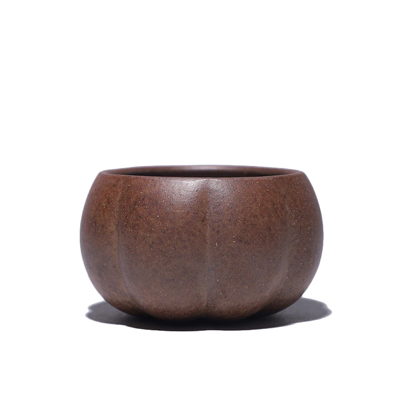 大吉羊柴烧 宜兴紫砂品茗茶杯 原矿本山绿泥筋纹南瓜主人杯50ml