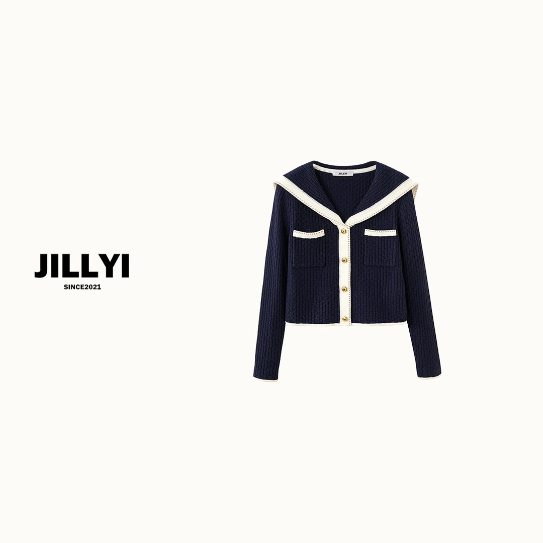 JILLYI【航海少女】深蓝拼白色海军领春季少女风时尚甜美针织开衫