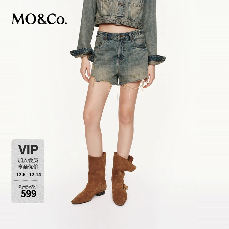 MOCO牛仔短裤2025秋新品重工洗旧竹节肌理棉质低腰破洞MBE3SOT001