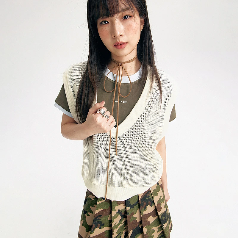 NO ONE ELSE美式复古女装纯色针织马甲夏季学院风宽松套头V领马夹