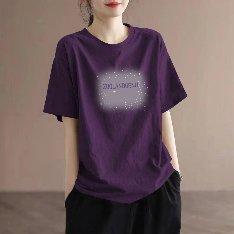 夏季新款纯棉短袖宽松显瘦大码200斤胖mm遮肉纯色圆领上衣2025