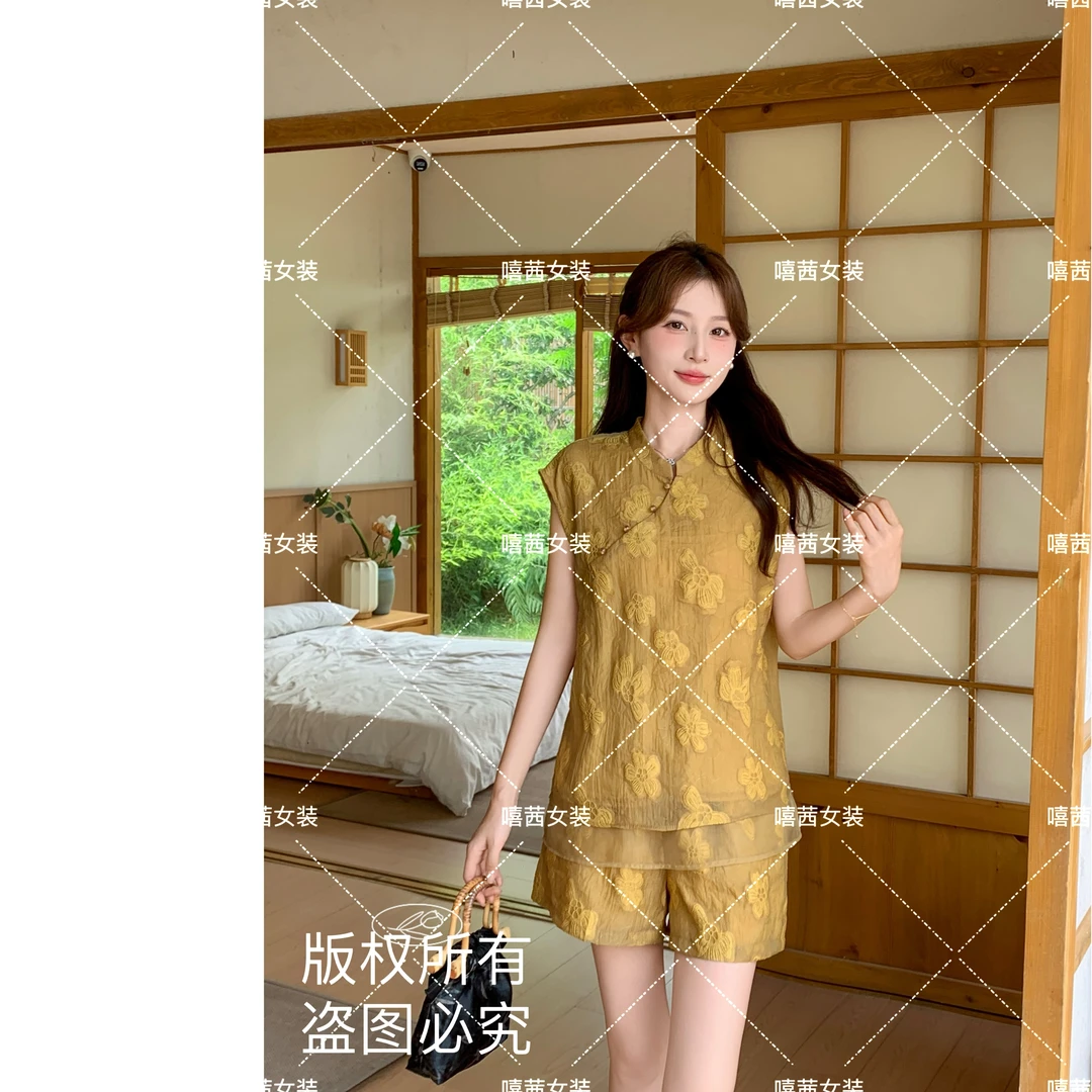 【嘻茜】~花想容~新中式国风马甲刺绣时尚套装2025夏新款短裤两件套