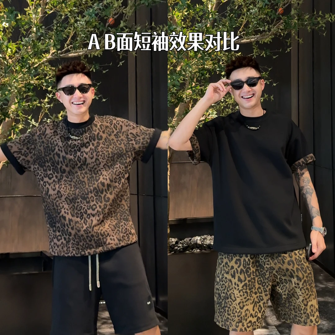 【语乐3店】25825豹纹/双面穿短袖T恤夏季休闲重磅织花圆领半袖