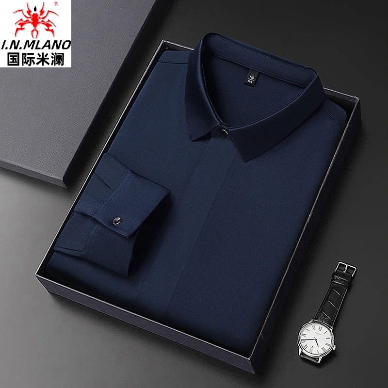 意大利新款暗门拉链春季高档男士长袖衬衣男装无痕抗皱免烫衬衫潮