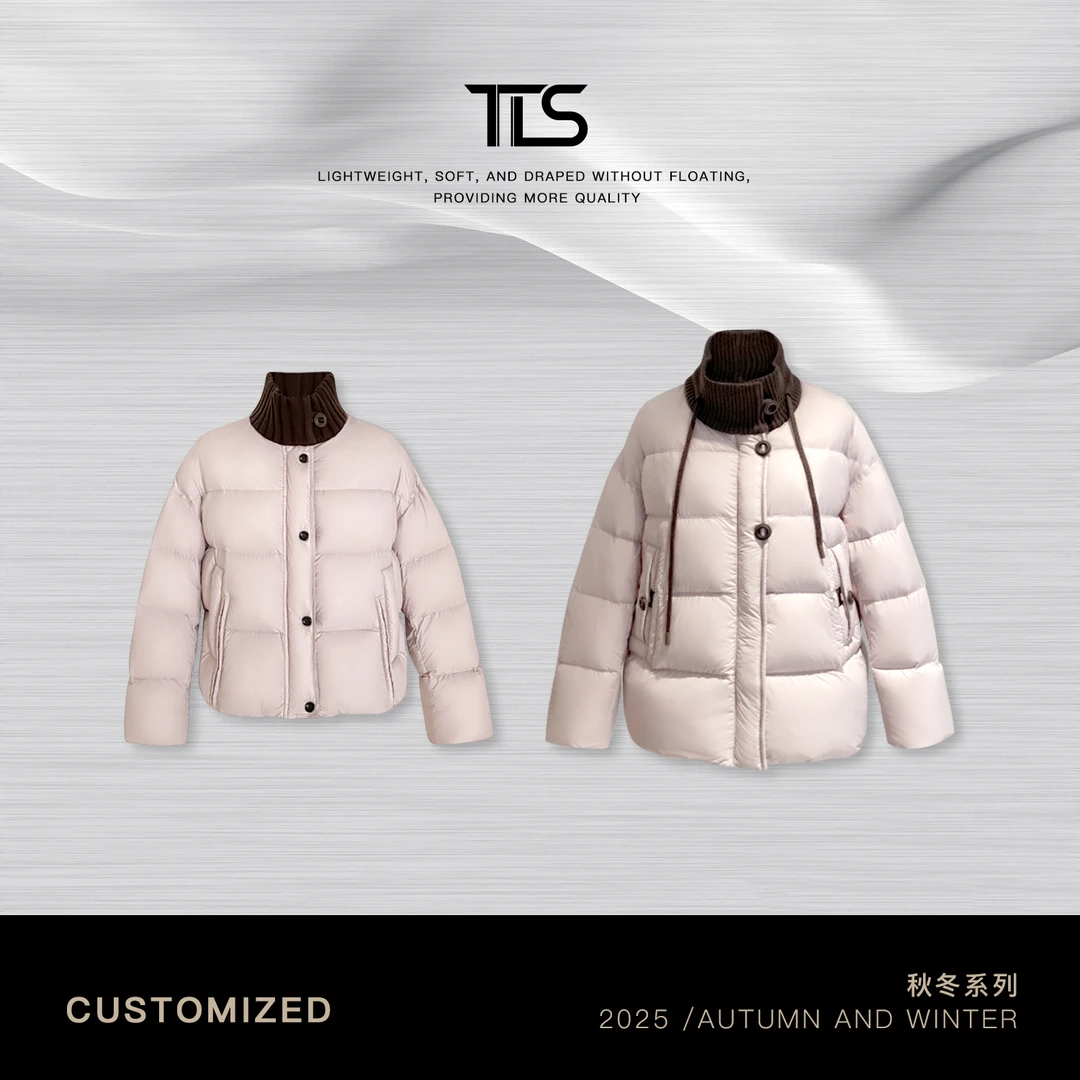 TT【樱花粉】90白鸭绒轻盈泡芙软感拼接针织立领保暖羽绒服Y5013