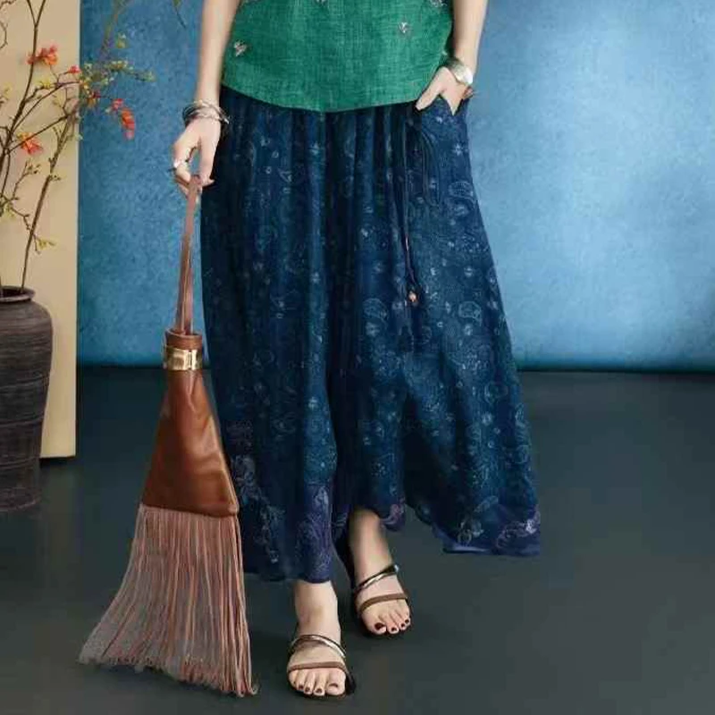 千椿物禧2025春季新款新中式国风复古100苎麻蓝色显瘦刺绣半身裙