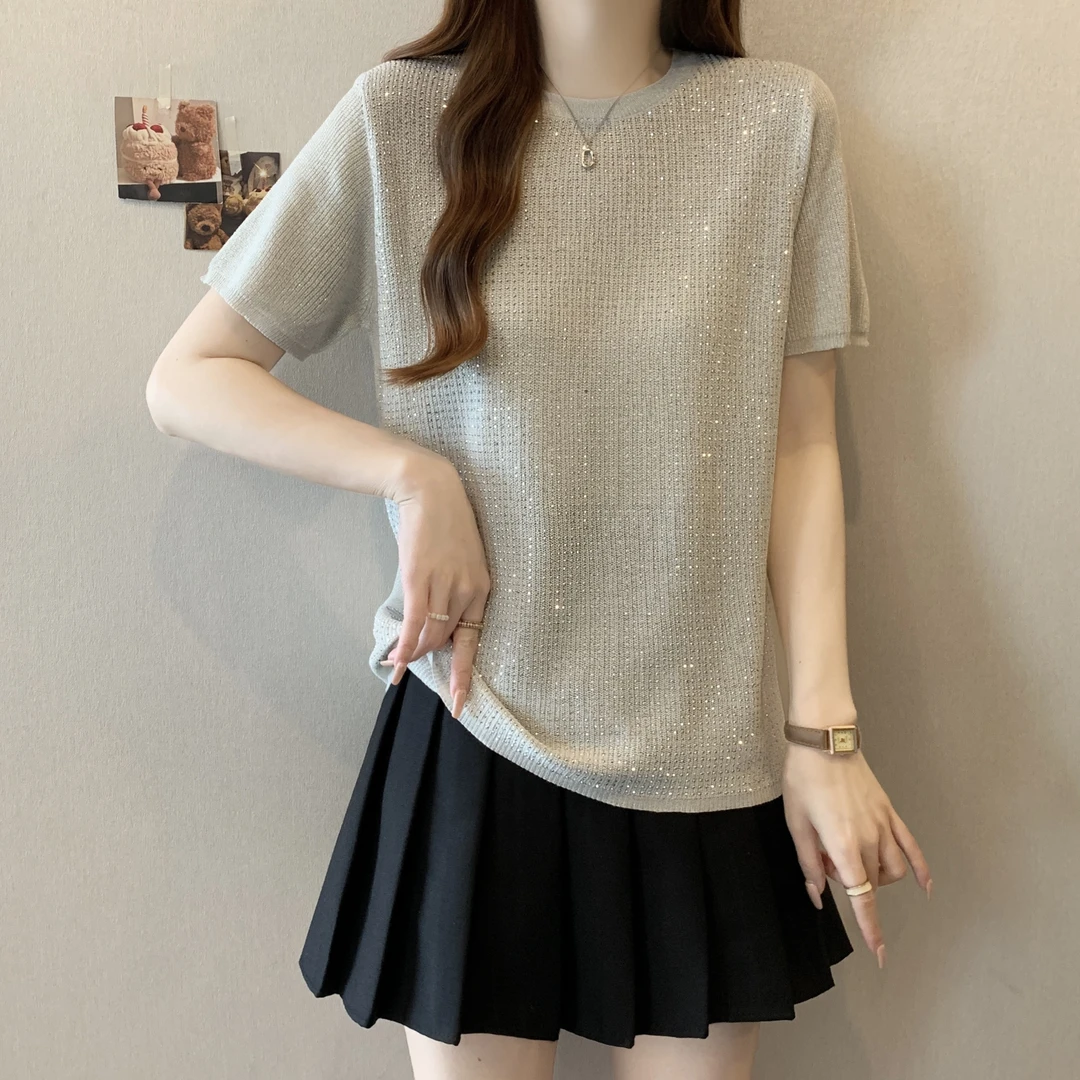 欧货独特烫钻短袖T恤2025夏季新款大码女装胖mm遮肉显瘦小衫上衣