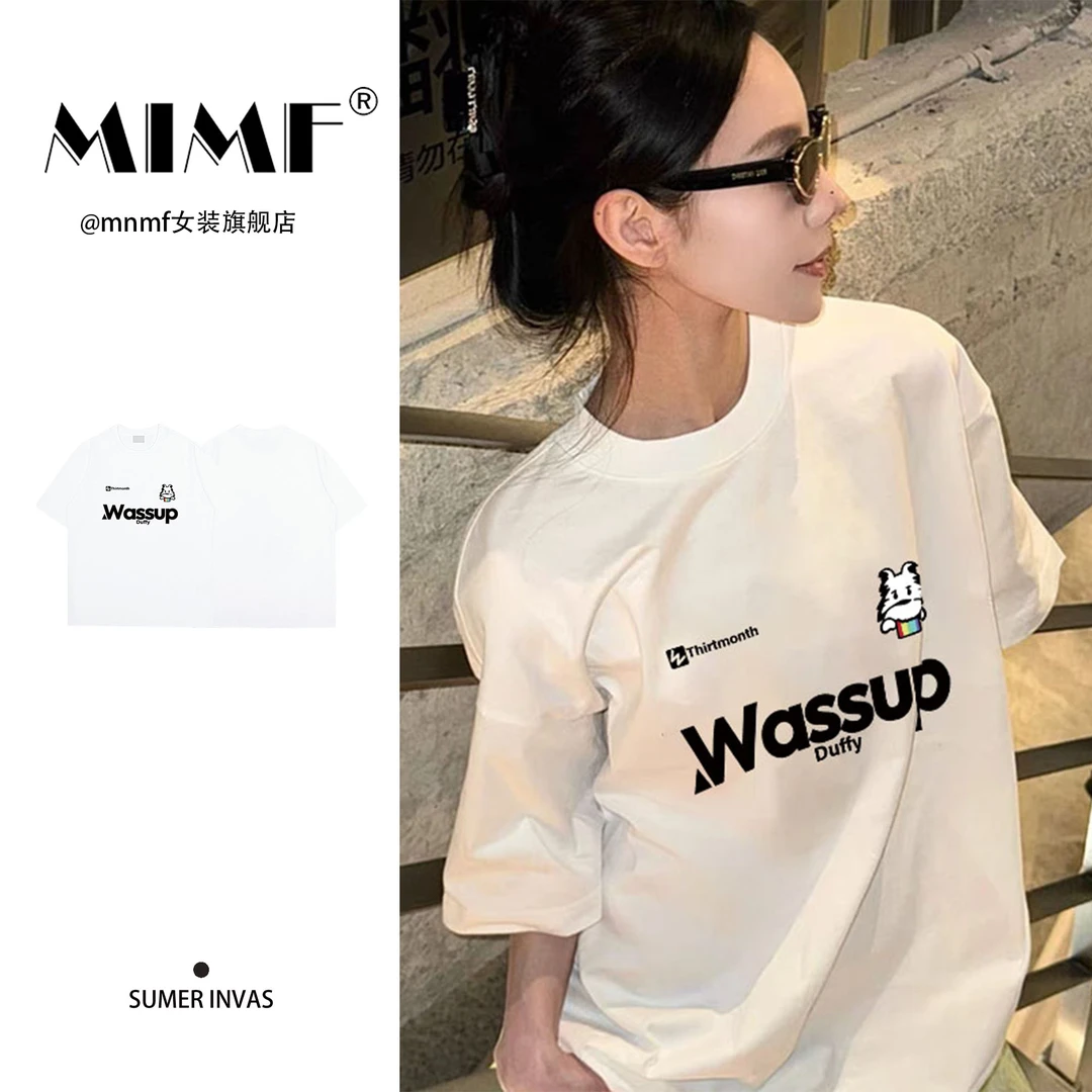 mnmf夏季新款时尚装字母印花圆领上衣重磅纯棉宽松显瘦短袖T恤女