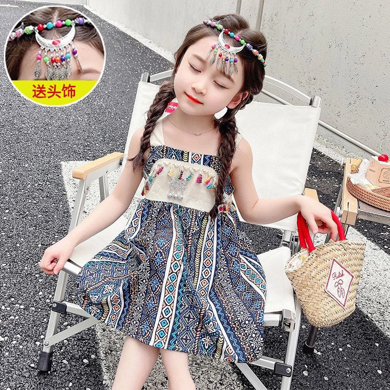 2025时髦女童吊带连衣裙少数民族风哈尼族服装夏季汉服儿童女