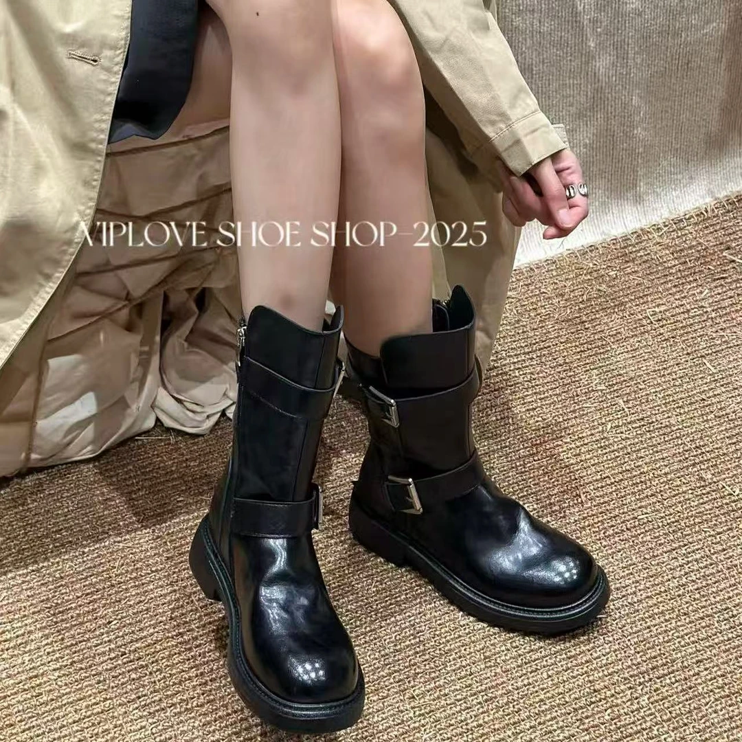 【YL严选】3286-35新款复古做旧皱短靴真皮机车中筒双扣平底骑士靴
