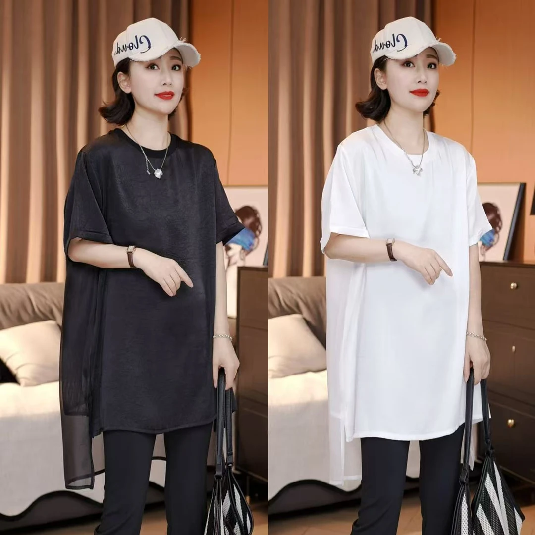 夏季新款 欧货缎面拼接下摆拼接网纱T恤气质显瘦宽松遮肉上衣