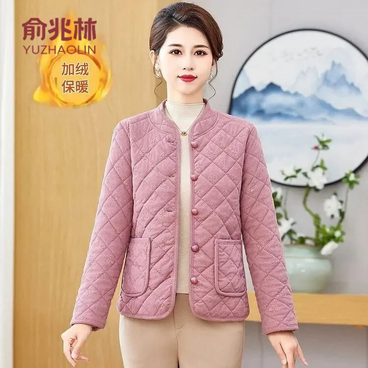 俞兆林冬季棉袄加绒加厚大码中老年妈妈休闲时尚百搭立领外套棉服