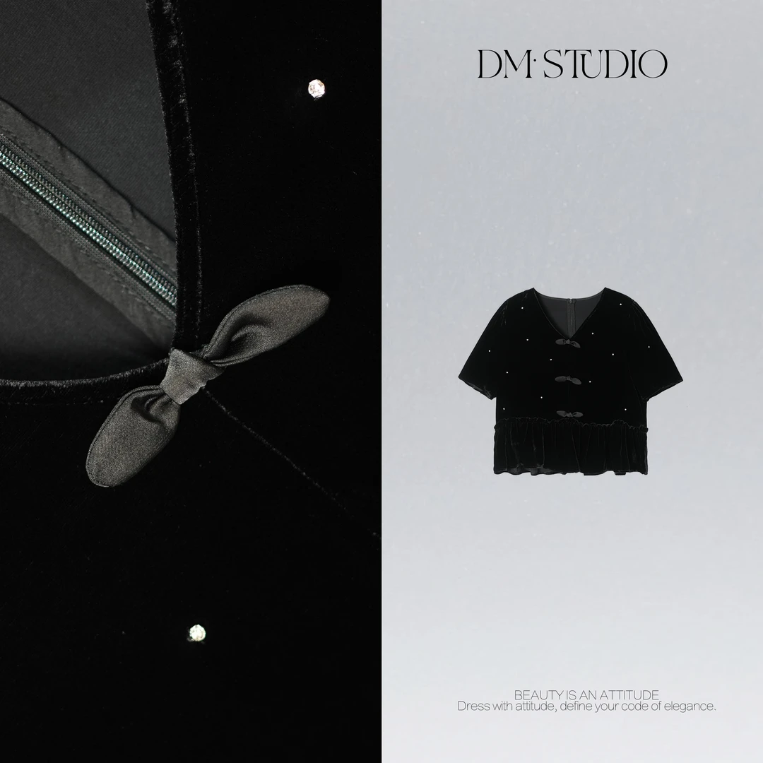 DEDM•STUDIO/精致复古法式减龄短袖100%真丝丝绒上衣2507CS/25001
