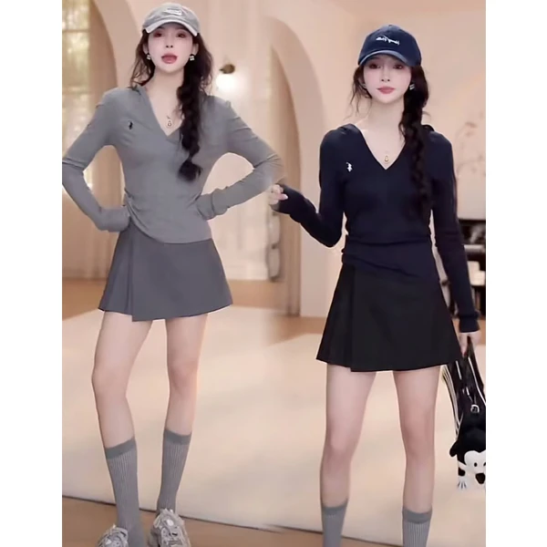 时尚百搭套装2025春季新款小马标连帽V领长袖T恤上衣高腰百搭裤裙