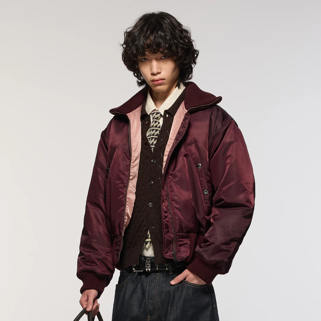 Azure Lisseur"CHERRY"酒红色亮面尼龙棉服短款飞行员夹克外套