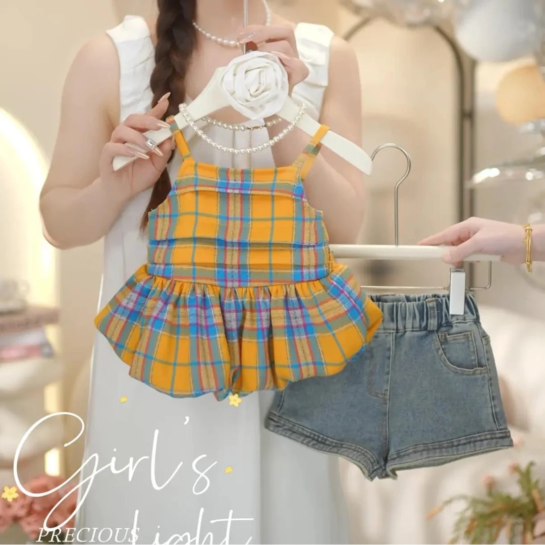 女童夏季格子花苞吊带套装2025新款儿童洋气时髦短裤两件套薄款潮