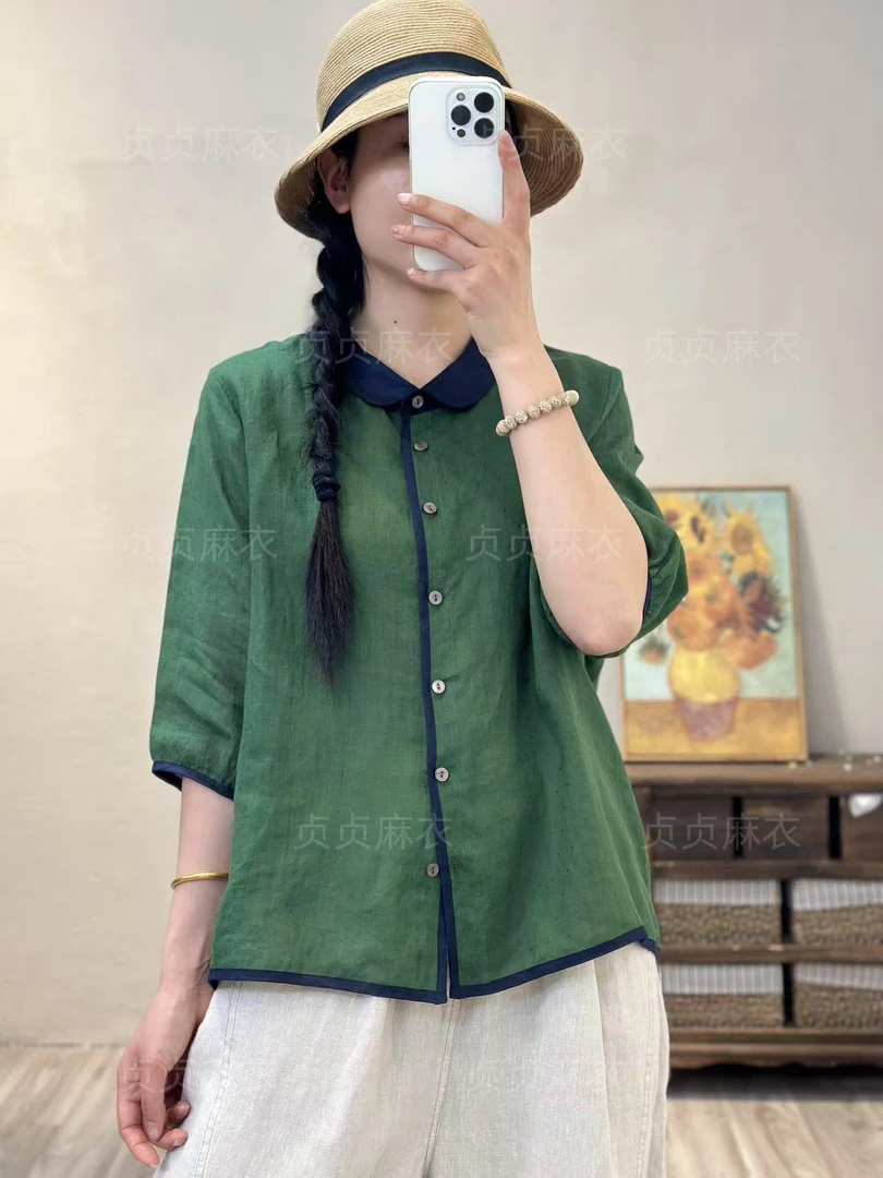 1311-苎麻衬衫女夏季小翻领显瘦文艺复古短袖衬衣
