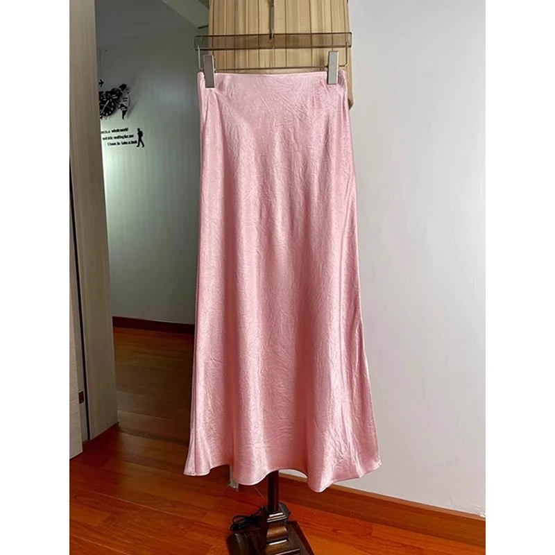 法芬图粉色醋酸半身裙女夏季新款小众设计感高腰鱼尾裙小个子中长