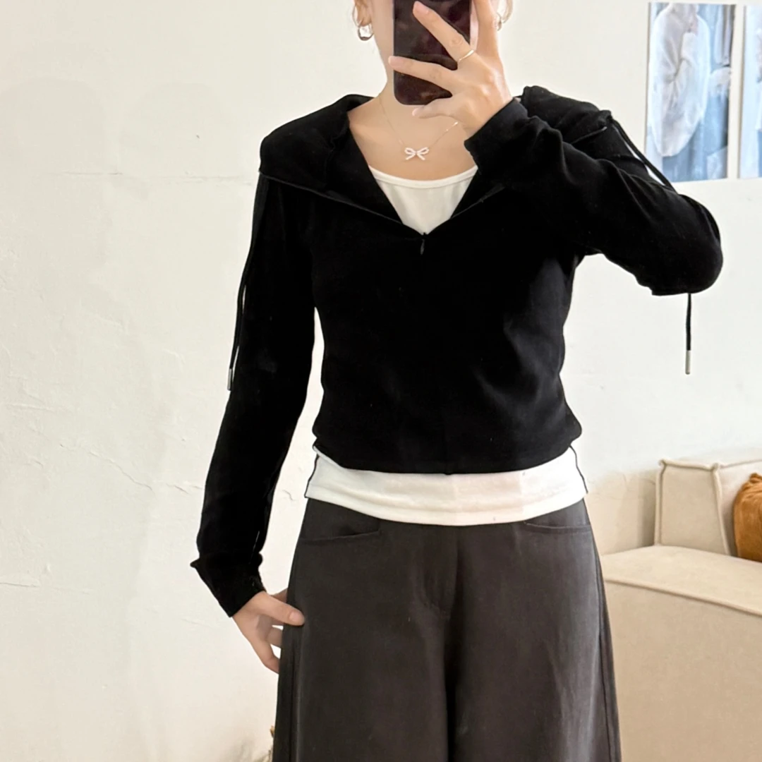 大妍小个子韩系简约秋装百搭显瘦连帽假两件套长袖T恤8895