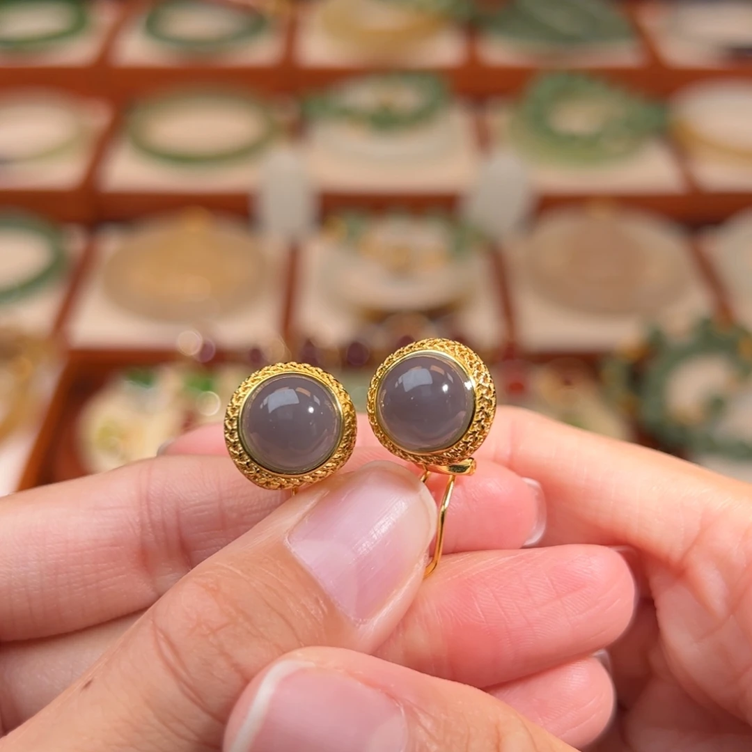 和田玉银S925镶嵌耳饰