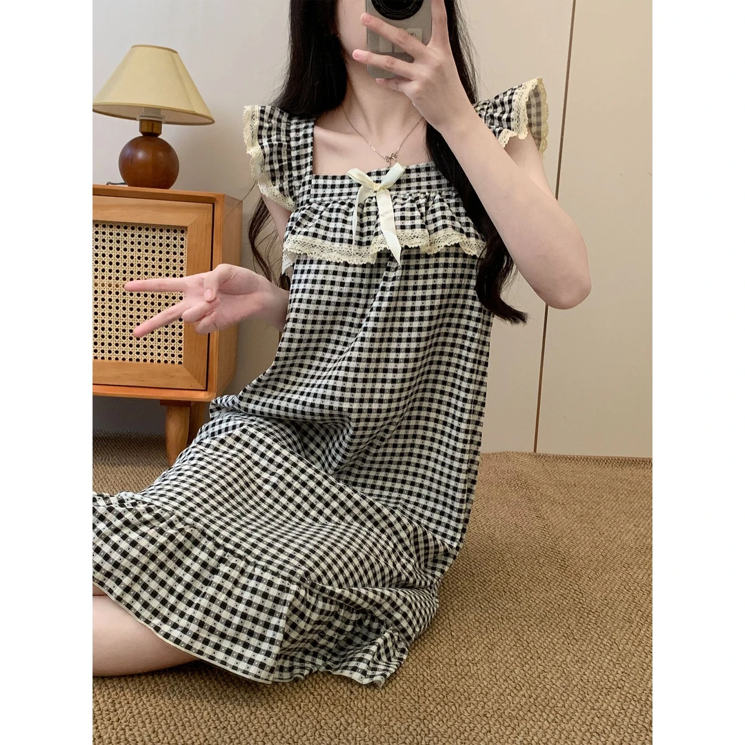格子吊带睡裙女款夏季带胸垫可爱小飞袖高级感睡衣裙可外穿家居服