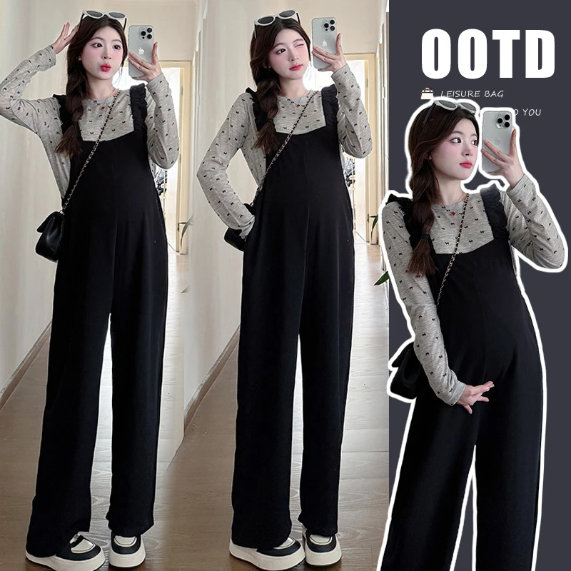 孕妇装春秋季新款2025网红背带裤新品长袖阔腿直筒背带裤辣妈款