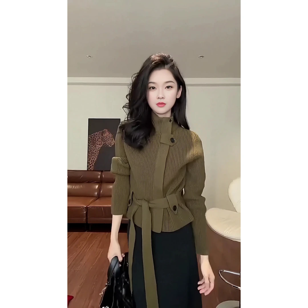 复古绑带加厚高领毛衣外套女冬季新款慵懒风显瘦百搭叠穿上衣