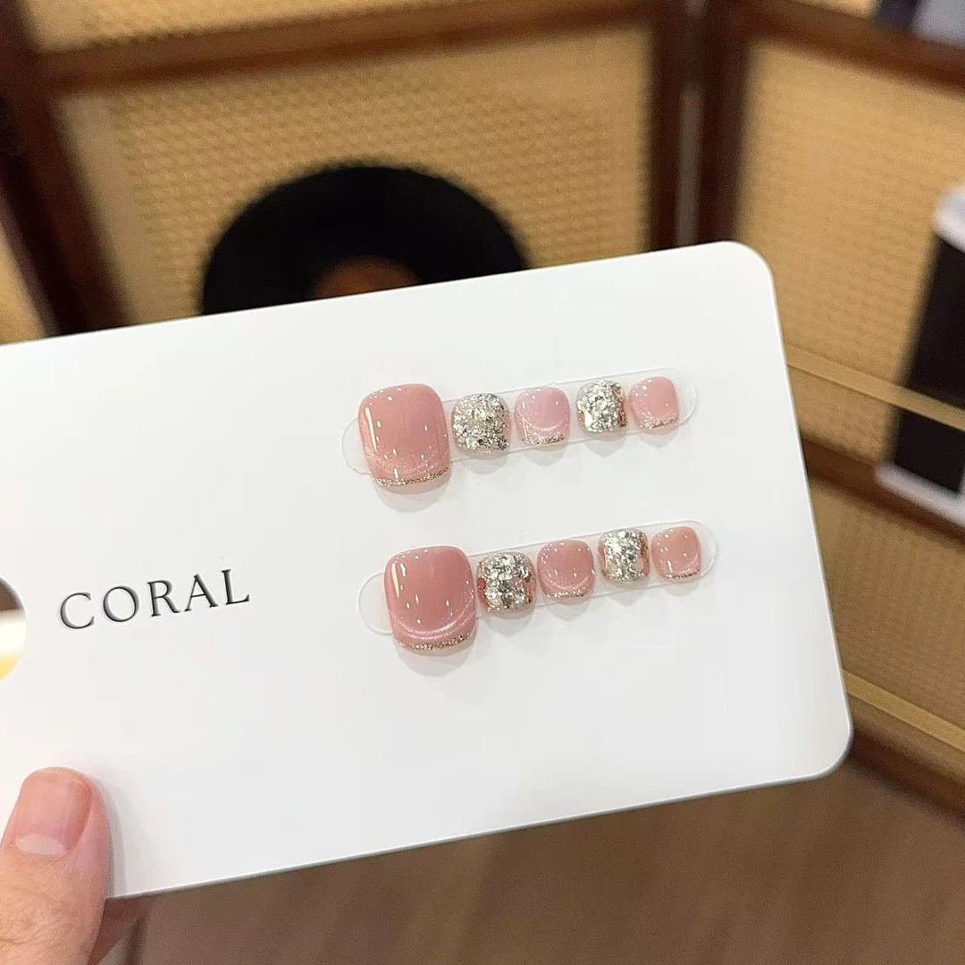 【迷雾甜桃脚甲】 珊瑚纪美甲穿戴甲夏日爆闪显白脚指甲-20片