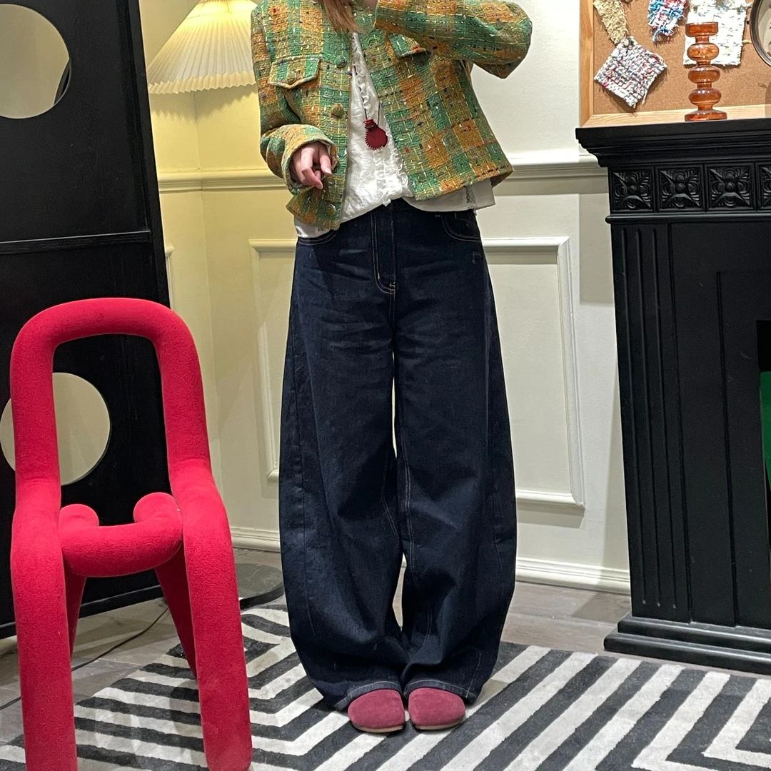 牛仔裤春季宽松高腰直筒显瘦百搭时尚复古弯刀休闲长裤