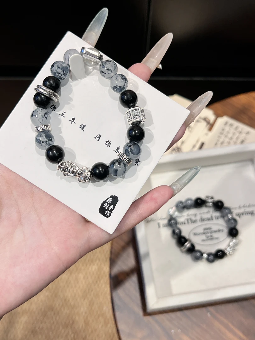 钛钢玻璃手链 巴黎【设计师】 麒麟墨陨曜夜麒麟琉璃珠黑色男女通用