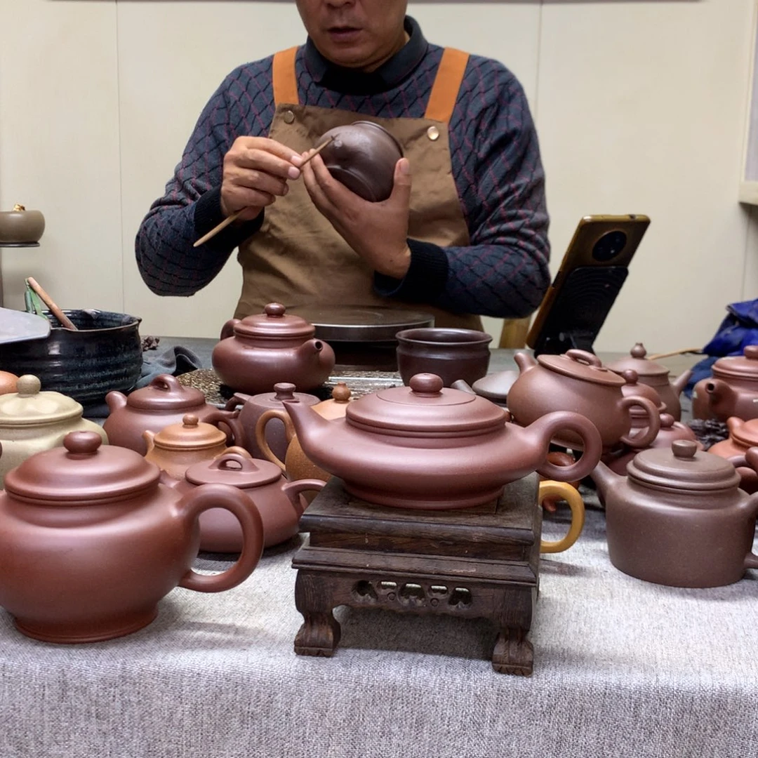 紫泥茶壶虚扁200 C半手工制作