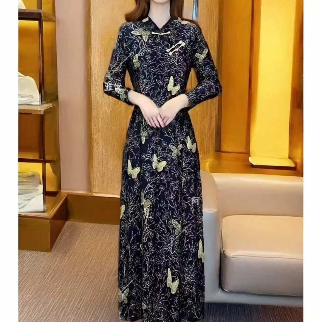 长袖改良旗袍时尚春秋气质中年妈妈连衣裙洋气显瘦旗袍连衣裙裙子