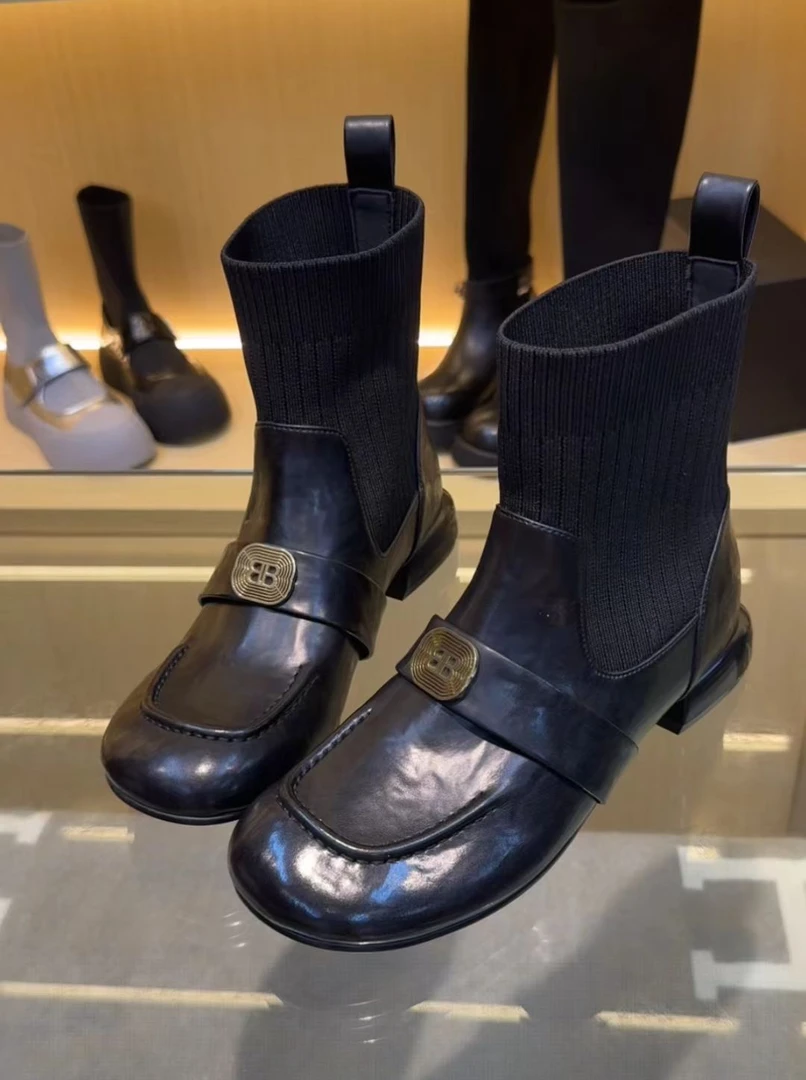 （头层羊皮/3厘米）百搭黑色秋冬圆头弹力瘦瘦女短靴针织拼接女靴