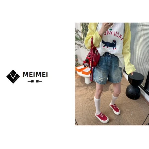 XMM.【松紧腰牛仔短裤】时尚百搭水洗磨破洋气潮流显瘦宽松裤GZ6187