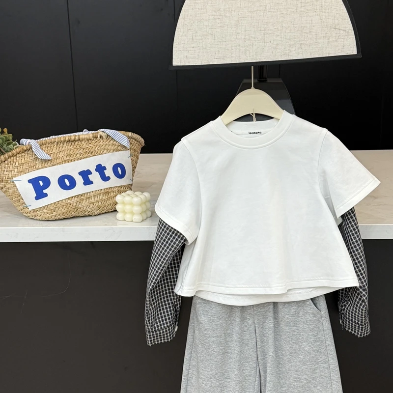 【现货】leomama女童时尚拼接假两件T恤25春季儿童百搭休闲内搭打底