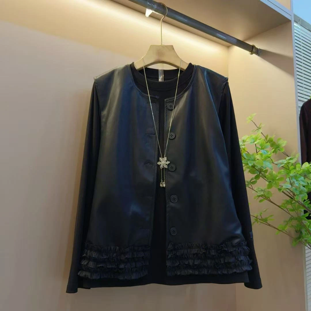 时尚新款圆领显瘦百搭上衣气质拼接花边PU马甲两件套