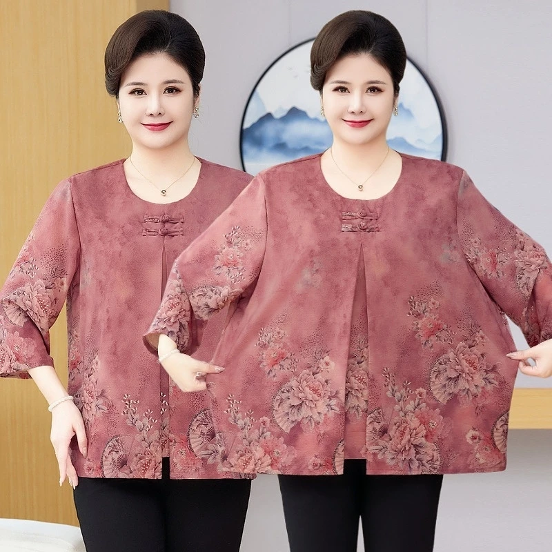 特大码200斤胖妈妈春装洋气假两件T恤上衣中老年人阔太太遮肚小衫