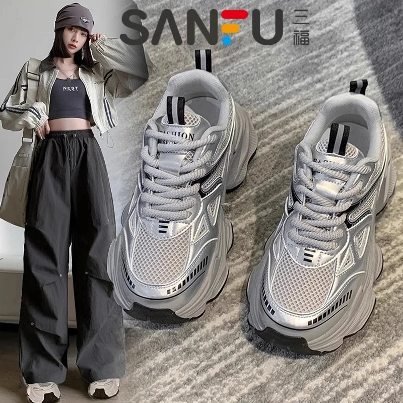 三福爆款跑步休闲运动鞋2025春季新款小个子增高厚底轻便老爹鞋女
