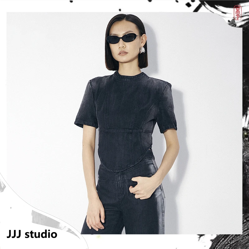 JJJ STUDIO 黑灰色复古做旧水洗牛仔修身显瘦时髦上衣 JUWFS1T068
