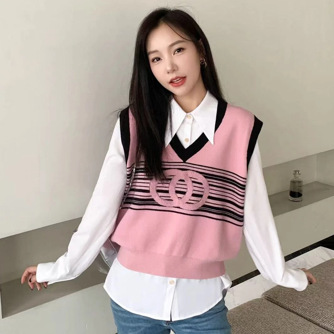 DS51213回味依衣早春新款针织马甲宽松鸡心领毛衣背心外套潮