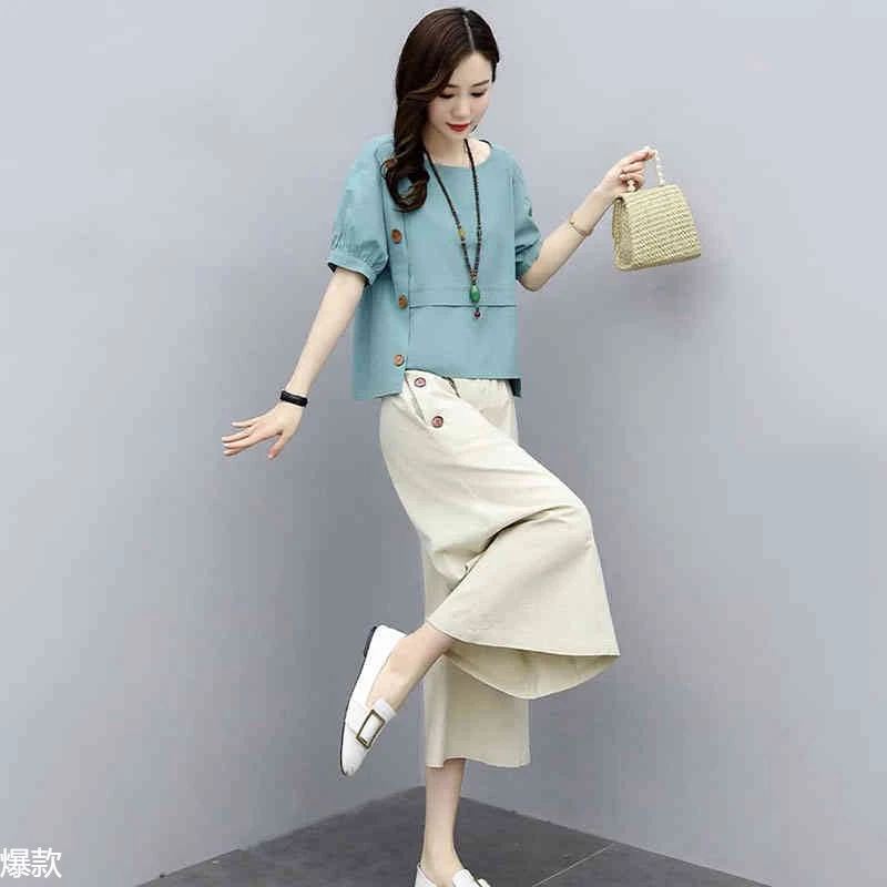 棉麻套装女2025夏季新款休闲洋气减龄显瘦小个子阔腿裤时尚两件套