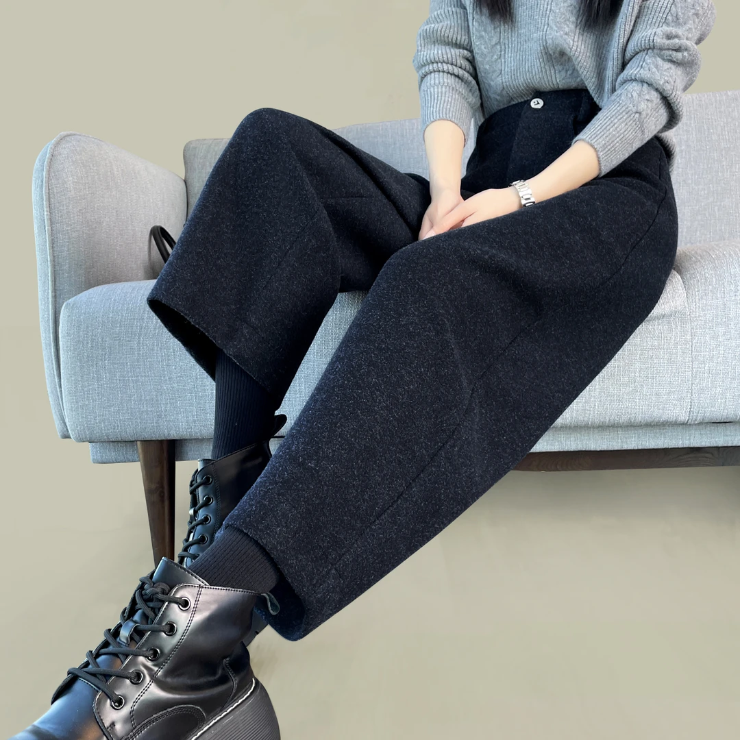 藏蓝色九分毛呢哈伦裤女2025秋冬新款加厚高腰宽松直筒萝卜奶奶裤