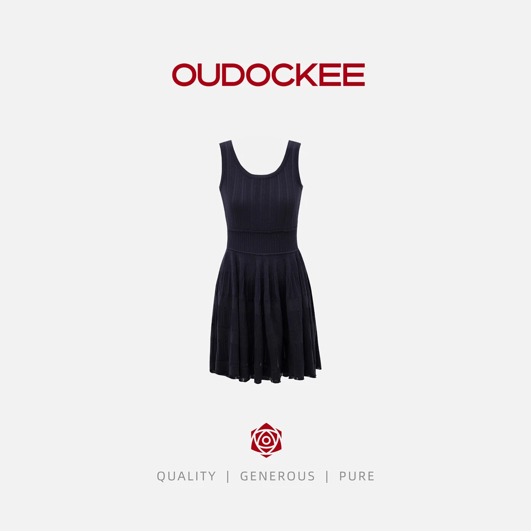 OUDOCKEE 鸥鸥 【莱塞尔】蓝莓裙 藏青收腰百褶连衣裙 L2503F431T