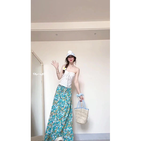 清新辣妹时尚套装女春季2025新款抽绳抹胸上衣高腰碎花半裙两件套