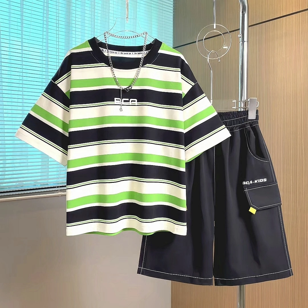 大童男童小清新短袖套装潮牌夏装新款儿童休闲条纹T恤宽松五分裤