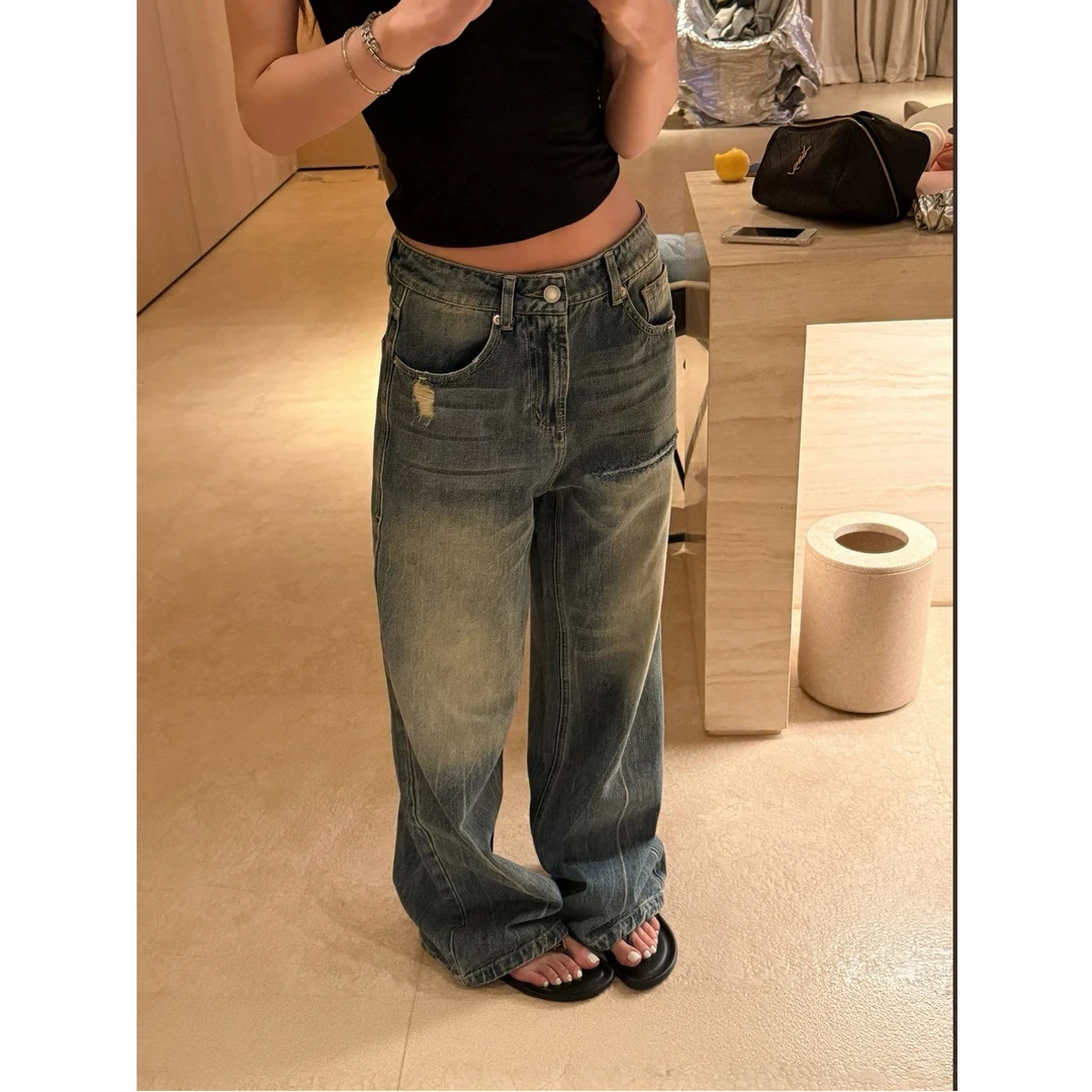 秋冬美式复古水洗厚款牛仔裤休闲百搭长裤女